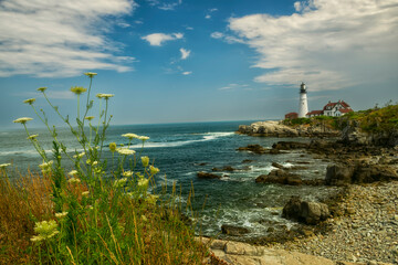 Coast of the ocean with a view of the lighthouse. Maine's famous lighthouse. USA. Maine. portland head lighthouse
