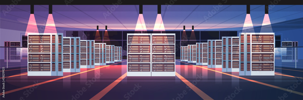 Poster data center room interior hosting server computer information database synchronize technology connection cyber network