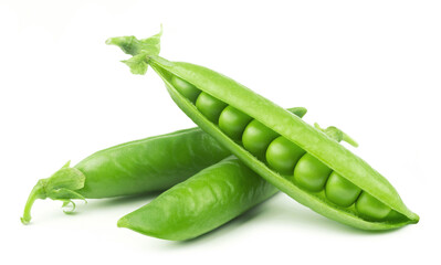 Green peas isolated. Ripe pods of green peas on a white background.
