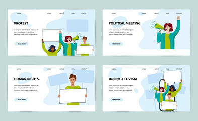 Digital Protest, Online Activism Landing Page Template set. Protesting persons with banners and megaphone.Vector illustration.