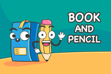 Book And Pencil Cartoon Character Design, Great For Back To School Illustration