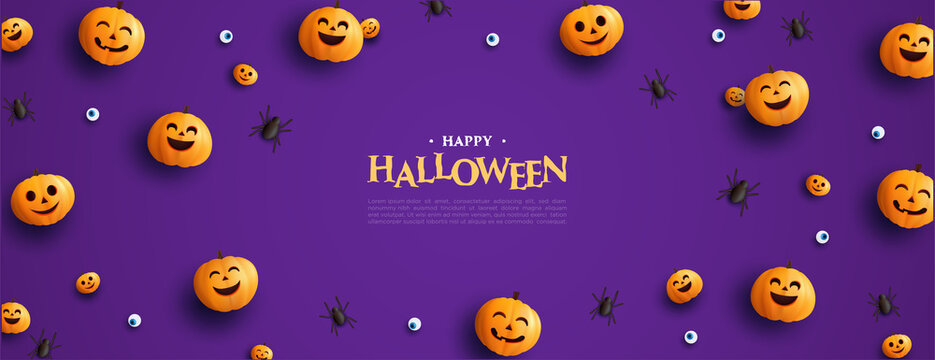 Halloween banner vector with 3d pumpkins spread on purple background.
