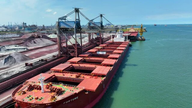 Bulk Carrier Ship Offloading Cargo By Crane for Processing