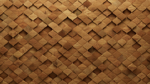 Natural Tiles arranged to create a 3D wall. Arabesque, Wood Background formed from Soft sheen blocks. 3D Render