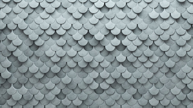 3D Tiles arranged to create a Futuristic wall. Semigloss, Concrete Background formed from Fish Scale blocks. 3D Render