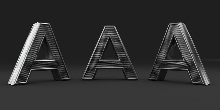 3d Letter A Grunge Metal. 3D rendering isolated on black background. Several positions. Metal surface. Textured materials. Aluminum object