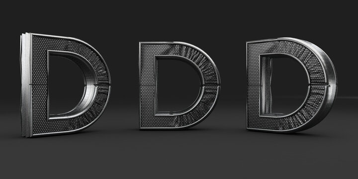 3d Letter D Grunge Metal. 3D rendering isolated on black background. Several positions. Metal surface. Textured materials. Aluminum object