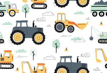 Seamless pattern with tractors. Repeating image with vehicles for printing on paper or fabric. Machines harvesting on farm. Design element for childrens clothing. Cartoon flat vector illustration © Rudzhan