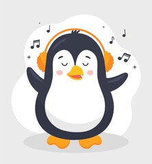 Penguin in headphones. Cute character for kids dances to their favorite song. Melomaniac and music lover metaphor. Picture for printing on childrens clothing. Cartoon flat vector illustration