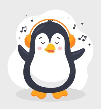Penguin in headphones. Cute character for kids dances to their favorite song. Melomaniac and music lover metaphor. Picture for printing on childrens clothing. Cartoon flat vector illustration