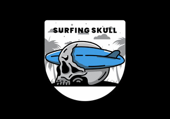 Surfboard piercing the skull illustration design