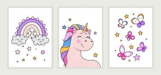 Posters with unicorns. Collection of gift or invitation cards for girls. Fantasy and dream. Colorful clouds, unicorn and butterflies. Cartoon flat vector illustrations isolated on grey background © Rudzhan