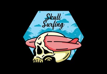 Surfboard piercing the skull illustration design
