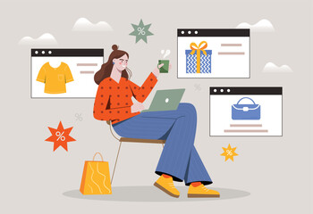 Shop online concept. Woman with laptop buys goods on Internet. Home delivery, online shopping and modern service. Cashless payment and electronic transactions. Cartoon flat vector illustration