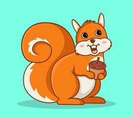 Squirrel with nut. Cute character, forest dweller with food. Mascot or toy. Picture for printing on children clothing. Adorable fluffy animal. Smiling wild mammal. Cartoon flat vector illustration