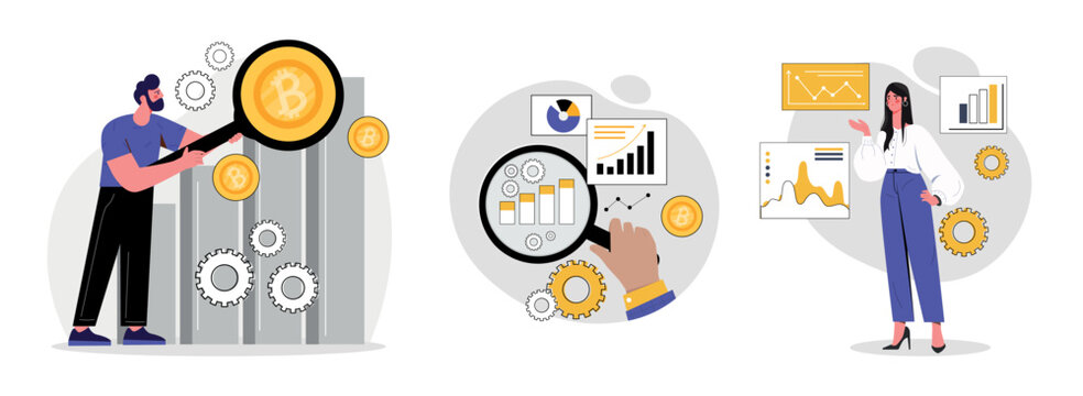 Technical analyzing set. Employees evaluate graphs, diagrams and charts. Collection of office workers. Marketing research, information. Cartoon flat vector illustrations isolated on white background