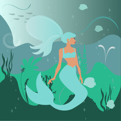 Mermaid in a seascape underwater vector illustration background