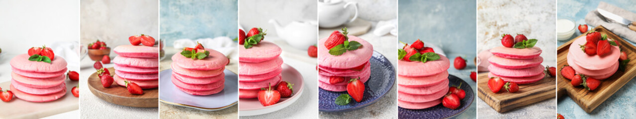 Collage of pink strawberry pancakes on table, closeup
