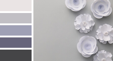 Paper flowers on grey background. Different color patterns
