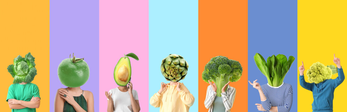 Collage of different people with fresh green vegetables instead of their heads on color background with space for text