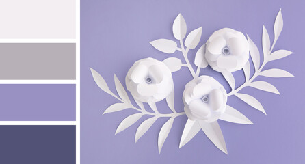 Paper flowers with leaves on lilac background. Different color patterns