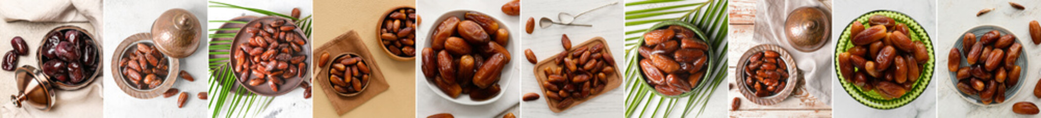 Collage with sweet dried dates on light background, top view
