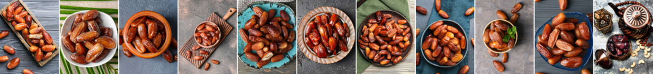 Collage with sweet dried dates, top view