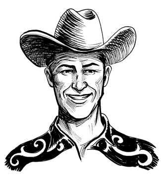 recommend clip art: Happy smiling cowboy in hat. Ink black and white drawing