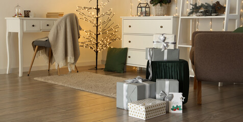 Interior of living room with Christmas presents