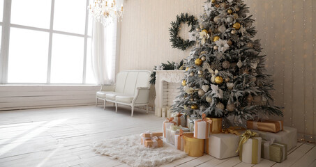 Stylish interior of living room with beautiful Christmas tree and fireplace
