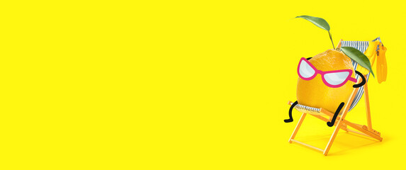 Funny lemon relaxing on deck chair against yellow background with space for text