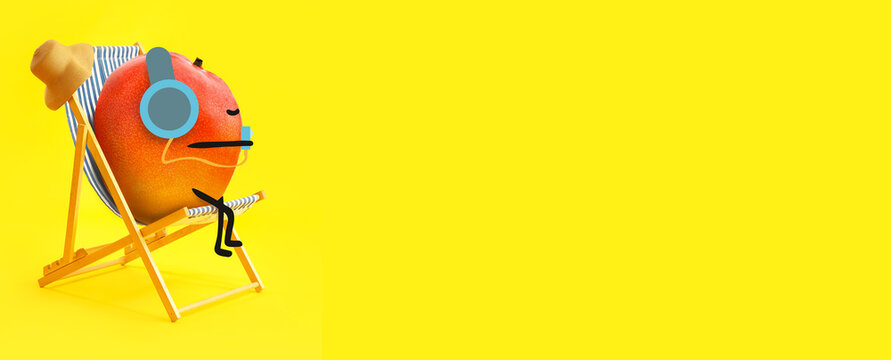 Funny mango listening to music and relaxing on deck chair against yellow background with space for text
