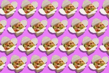 Many boxes with tasty fried rice on lilac background. Pattern for design