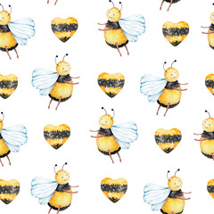 Seamless pattern of watercolor honey bees and yellow-black hearts