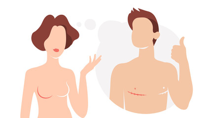 A beautiful girl is thinking about a sex change. Happy guy with a scar after a mastectomy showing thumbs up gesture. Problems of transgender women and men. The concept of determining one's gender - obrazy, fototapety, plakaty