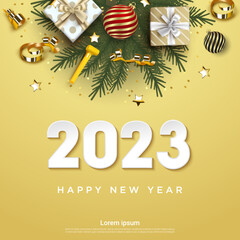 Happy new year 2023 numbers on green fir branches square background