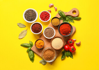 Composition with bowls of different spices on yellow background