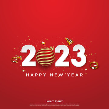Happy new year 2023 numbers with ball on square red background