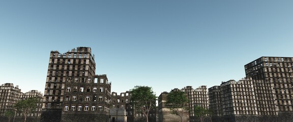 Ruined city buildings cityscape background 3d illustration