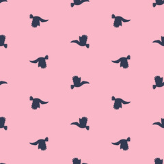Simple summer seamless pattern with flying birds vector. Dark blue toucans silhouettes on pink background minimalist animal surface design. Funny decorative surface design with tropical birds