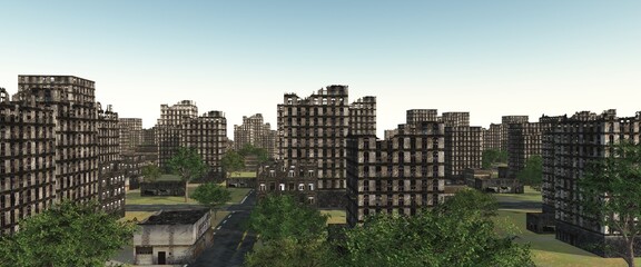 Ruined city buildings cityscape background 3d illustration