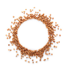 Frame made of dry buckwheat grains on white background