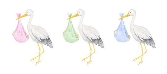 Stork with baby in blanket. Newborn watercolor illustration set. Maternity clipart elements collection isolated on white background.