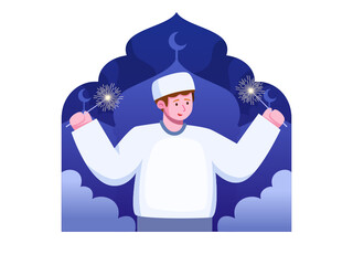 Muslim Person happy celebrate Islamic new year with bring firework sparkle at nigh time, Vector Illustration.
Happy Muharram cartoon vector.
Suitable for greeting card, postcard, poster, banner, etc