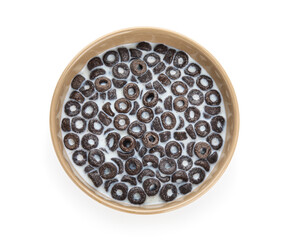 Bowl with tasty cereal rings and milk isolated on white background