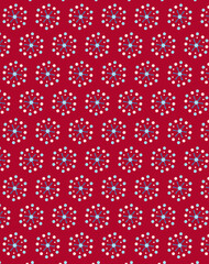 Abstract simple polka dot flowers fabric print, geometric pattern on a red background