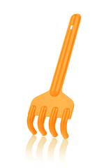 Orange plastic rake isolated on a white background, with reflection, close-up. Children's toys for playing in the sandbox. Games for early child development
