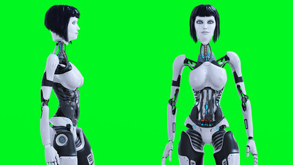 Female sexy robot stay idle. Green screen isolate. 3d render.
