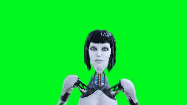 Female sexy robot run. Green screen isolate 4k footage.