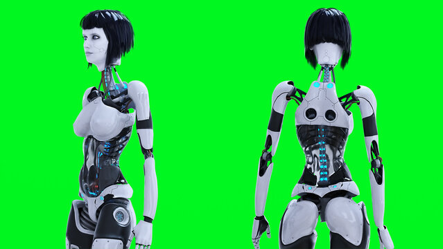 Female sexy robot stay idle. Green screen isolate. 3d render.